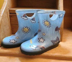 Ugg Kids Girls Raana Patches Denim Rain Boots 9 Daisy Rainbow Stars Butterflys